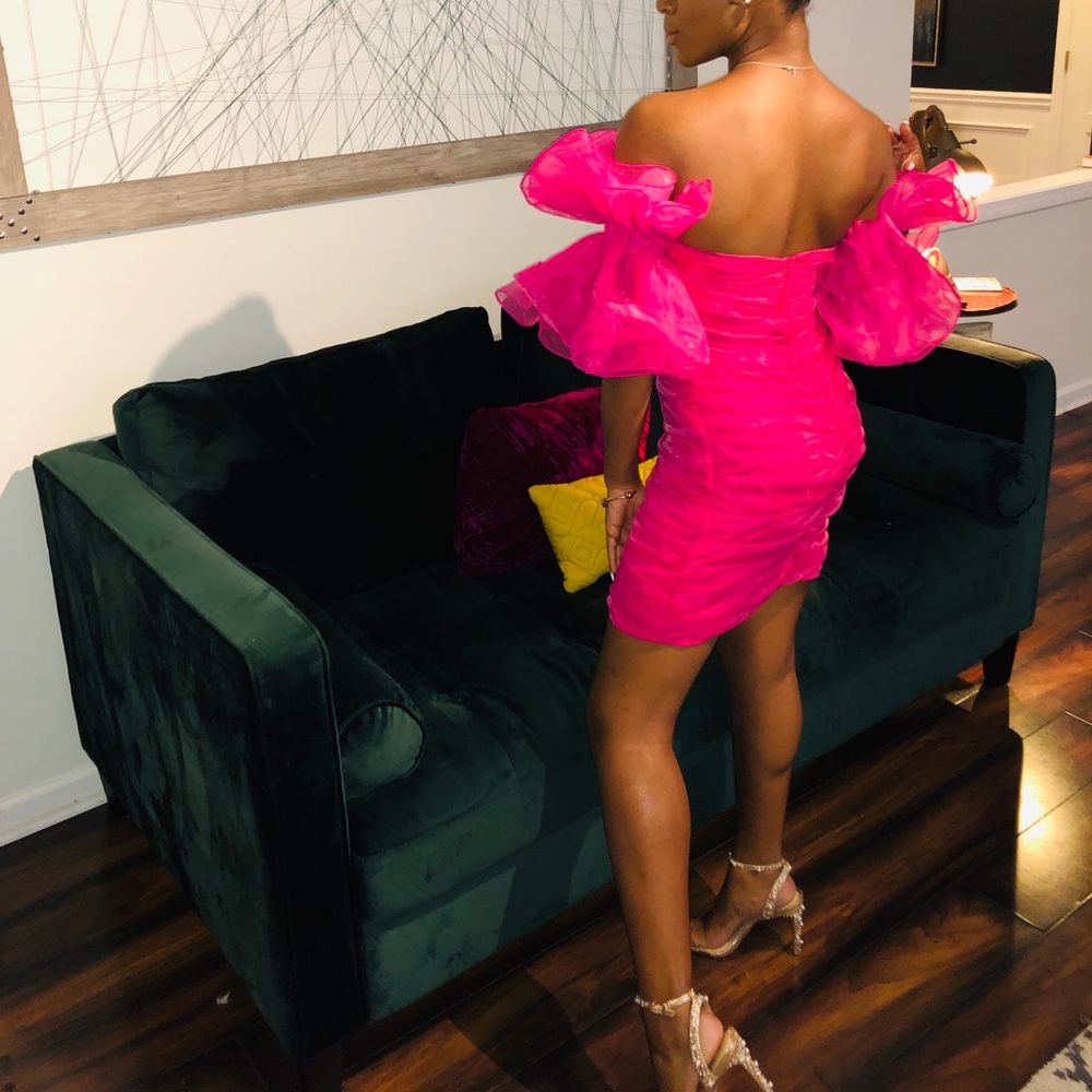 ASOS Hot Pink Off Shoulder Ruffle Dress